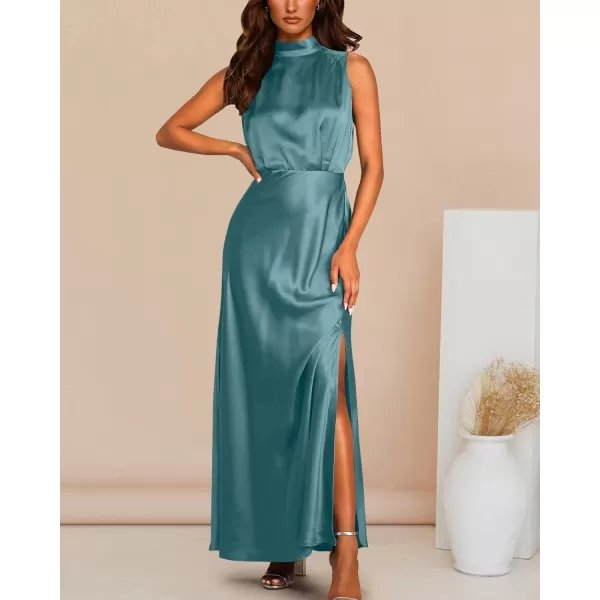 imageBTFBM Women Sleeveless Mock Neck Cocktail Dresses Keyhole Elastic Waist Party Wedding Guest Satin High Split Maxi DressSolid Blue Green