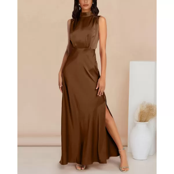 imageBTFBM Women Sleeveless Mock Neck Cocktail Dresses Keyhole Elastic Waist Party Wedding Guest Satin High Split Maxi DressSolid Brown