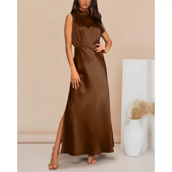 imageBTFBM Women Sleeveless Mock Neck Cocktail Dresses Keyhole Elastic Waist Party Wedding Guest Satin High Split Maxi DressSolid Brown