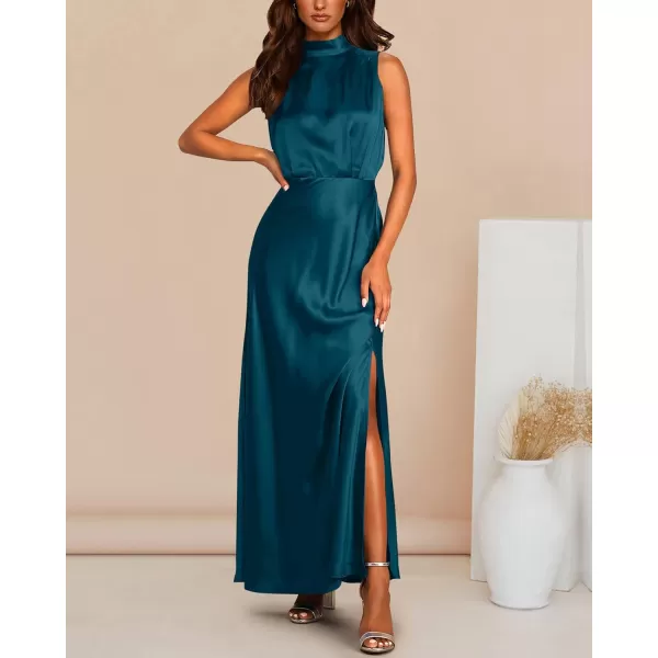 imageBTFBM Women Sleeveless Mock Neck Cocktail Dresses Keyhole Elastic Waist Party Wedding Guest Satin High Split Maxi DressSolid Dark Blue