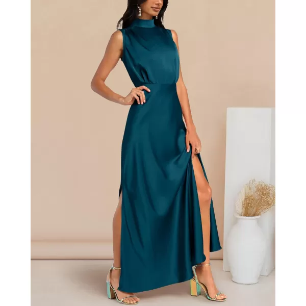 imageBTFBM Women Sleeveless Mock Neck Cocktail Dresses Keyhole Elastic Waist Party Wedding Guest Satin High Split Maxi DressSolid Dark Blue