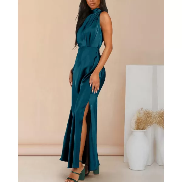 imageBTFBM Women Sleeveless Mock Neck Cocktail Dresses Keyhole Elastic Waist Party Wedding Guest Satin High Split Maxi DressSolid Dark Blue