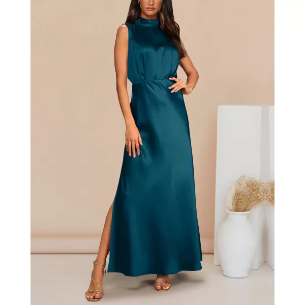 imageBTFBM Women Sleeveless Mock Neck Cocktail Dresses Keyhole Elastic Waist Party Wedding Guest Satin High Split Maxi DressSolid Dark Blue