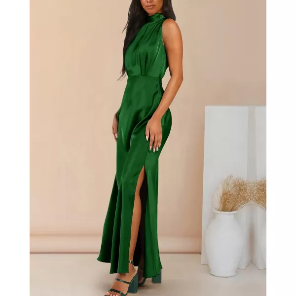 imageBTFBM Women Sleeveless Mock Neck Cocktail Dresses Keyhole Elastic Waist Party Wedding Guest Satin High Split Maxi DressSolid Green