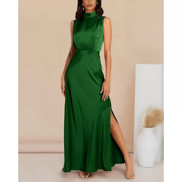 imageBTFBM Women Sleeveless Mock Neck Cocktail Dresses Keyhole Elastic Waist Party Wedding Guest Satin High Split Maxi DressSolid Green