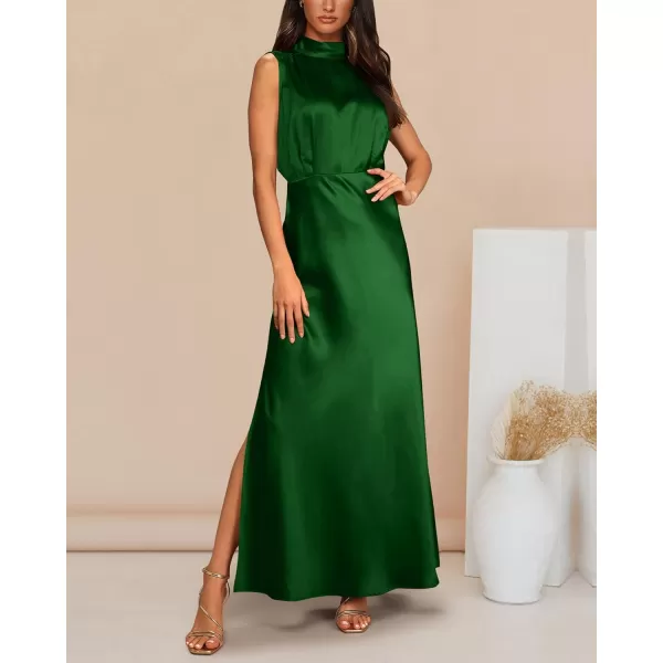 imageBTFBM Women Sleeveless Mock Neck Cocktail Dresses Keyhole Elastic Waist Party Wedding Guest Satin High Split Maxi DressSolid Green