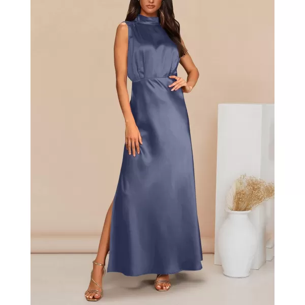 imageBTFBM Women Sleeveless Mock Neck Cocktail Dresses Keyhole Elastic Waist Party Wedding Guest Satin High Split Maxi DressSolid Grey Blue