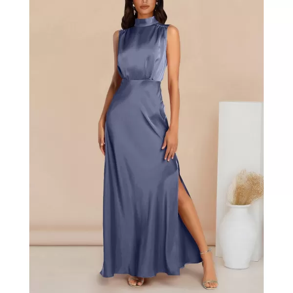 imageBTFBM Women Sleeveless Mock Neck Cocktail Dresses Keyhole Elastic Waist Party Wedding Guest Satin High Split Maxi DressSolid Grey Blue
