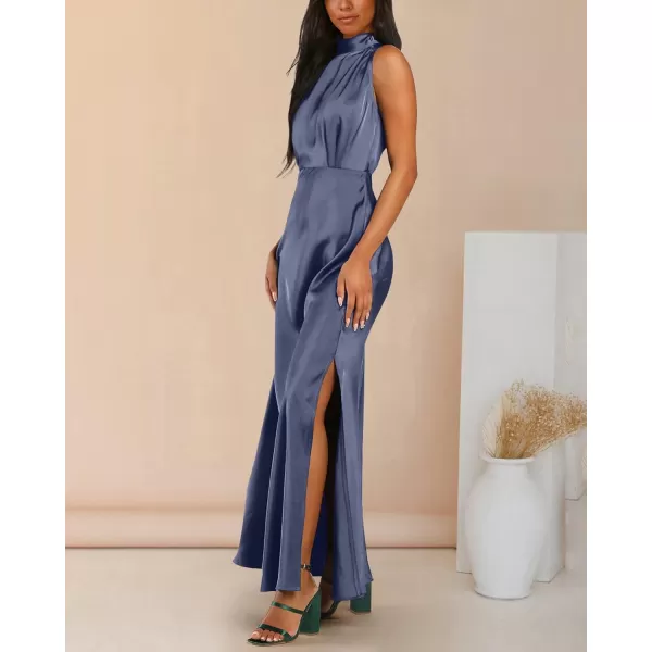 imageBTFBM Women Sleeveless Mock Neck Cocktail Dresses Keyhole Elastic Waist Party Wedding Guest Satin High Split Maxi DressSolid Grey Blue