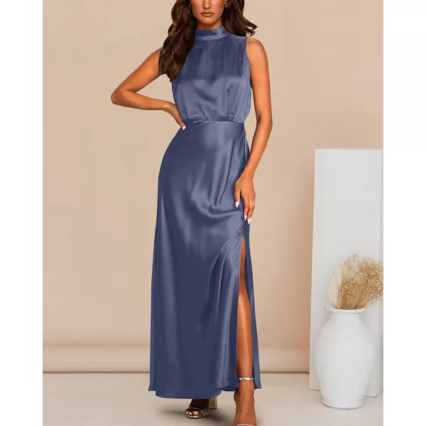 imageBTFBM Women Sleeveless Mock Neck Cocktail Dresses Keyhole Elastic Waist Party Wedding Guest Satin High Split Maxi DressSolid Grey Blue