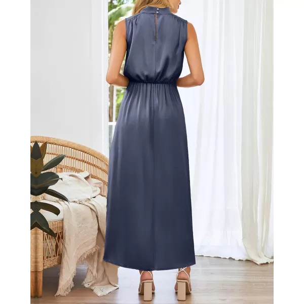 imageBTFBM Women Sleeveless Mock Neck Cocktail Dresses Keyhole Elastic Waist Party Wedding Guest Satin High Split Maxi DressSolid Grey Blue