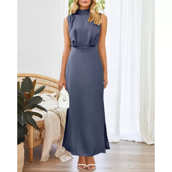 imageBTFBM Women Sleeveless Mock Neck Cocktail Dresses Keyhole Elastic Waist Party Wedding Guest Satin High Split Maxi DressSolid Grey Blue