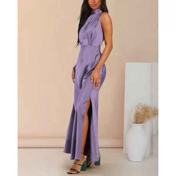 imageBTFBM Women Sleeveless Mock Neck Cocktail Dresses Keyhole Elastic Waist Party Wedding Guest Satin High Split Maxi DressSolid Purple