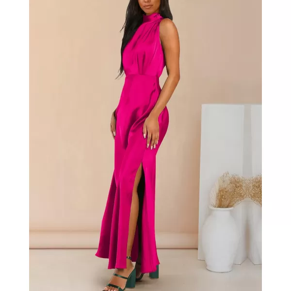 imageBTFBM Women Sleeveless Mock Neck Cocktail Dresses Keyhole Elastic Waist Party Wedding Guest Satin High Split Maxi DressSolid Rose Red