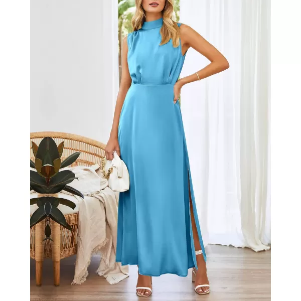 imageBTFBM Women Sleeveless Mock Neck Cocktail Dresses Keyhole Elastic Waist Party Wedding Guest Satin High Split Maxi DressSolid Sky Blue