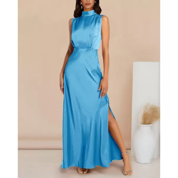 imageBTFBM Women Sleeveless Mock Neck Cocktail Dresses Keyhole Elastic Waist Party Wedding Guest Satin High Split Maxi DressSolid Sky Blue