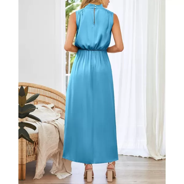 imageBTFBM Women Sleeveless Mock Neck Cocktail Dresses Keyhole Elastic Waist Party Wedding Guest Satin High Split Maxi DressSolid Sky Blue