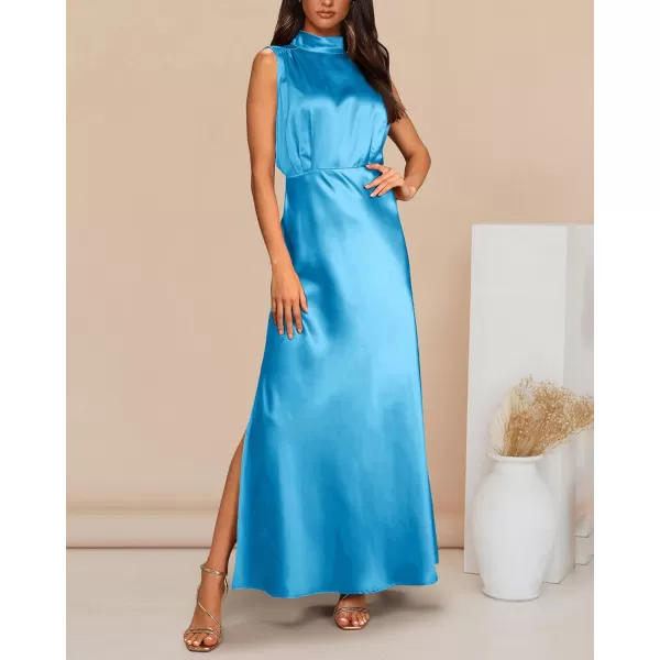 imageBTFBM Women Sleeveless Mock Neck Cocktail Dresses Keyhole Elastic Waist Party Wedding Guest Satin High Split Maxi DressSolid Sky Blue