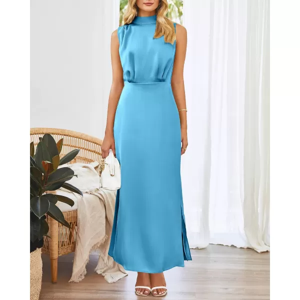 imageBTFBM Women Sleeveless Mock Neck Cocktail Dresses Keyhole Elastic Waist Party Wedding Guest Satin High Split Maxi DressSolid Sky Blue