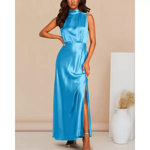 imageBTFBM Women Sleeveless Mock Neck Cocktail Dresses Keyhole Elastic Waist Party Wedding Guest Satin High Split Maxi DressSolid Sky Blue