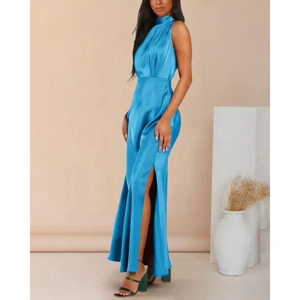 imageBTFBM Women Sleeveless Mock Neck Cocktail Dresses Keyhole Elastic Waist Party Wedding Guest Satin High Split Maxi DressSolid Sky Blue