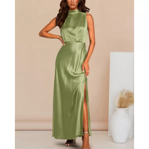 imageBTFBM Women Sleeveless Mock Neck Cocktail Dresses Keyhole Elastic Waist Party Wedding Guest Satin High Split Maxi DressSolid Tender Green