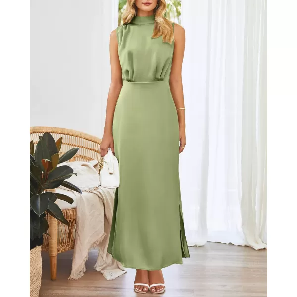 imageBTFBM Women Sleeveless Mock Neck Cocktail Dresses Keyhole Elastic Waist Party Wedding Guest Satin High Split Maxi DressSolid Tender Green