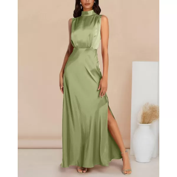 imageBTFBM Women Sleeveless Mock Neck Cocktail Dresses Keyhole Elastic Waist Party Wedding Guest Satin High Split Maxi DressSolid Tender Green