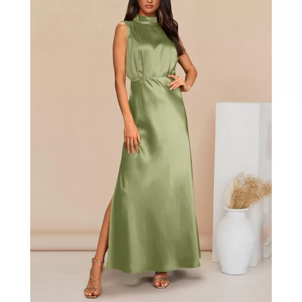 imageBTFBM Women Sleeveless Mock Neck Cocktail Dresses Keyhole Elastic Waist Party Wedding Guest Satin High Split Maxi DressSolid Tender Green