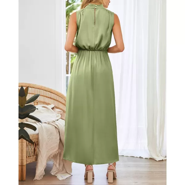 imageBTFBM Women Sleeveless Mock Neck Cocktail Dresses Keyhole Elastic Waist Party Wedding Guest Satin High Split Maxi DressSolid Tender Green