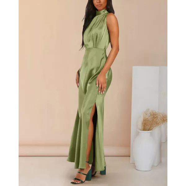 imageBTFBM Women Sleeveless Mock Neck Cocktail Dresses Keyhole Elastic Waist Party Wedding Guest Satin High Split Maxi DressSolid Tender Green