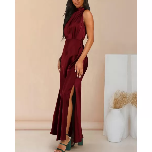 imageBTFBM Women Sleeveless Mock Neck Cocktail Dresses Keyhole Elastic Waist Party Wedding Guest Satin High Split Maxi DressSolid Wine Red