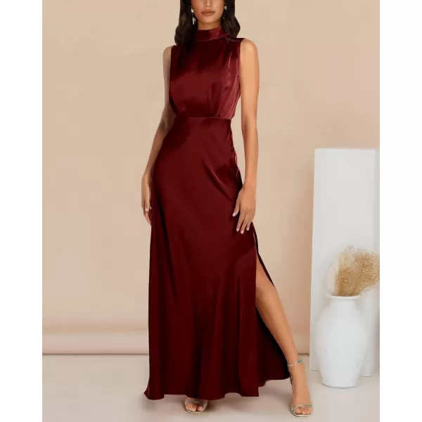 imageBTFBM Women Sleeveless Mock Neck Cocktail Dresses Keyhole Elastic Waist Party Wedding Guest Satin High Split Maxi DressSolid Wine Red