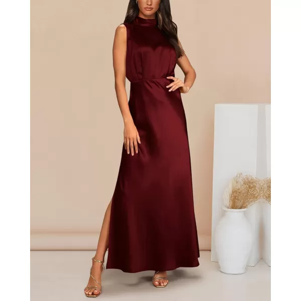 imageBTFBM Women Sleeveless Mock Neck Cocktail Dresses Keyhole Elastic Waist Party Wedding Guest Satin High Split Maxi DressSolid Wine Red