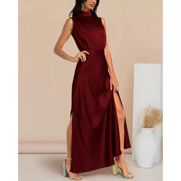 imageBTFBM Women Sleeveless Mock Neck Cocktail Dresses Keyhole Elastic Waist Party Wedding Guest Satin High Split Maxi DressSolid Wine Red