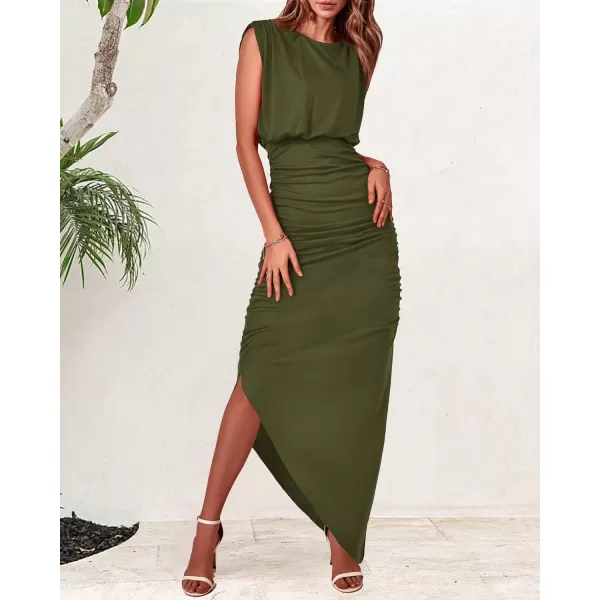 imageBTFBM Women Sleeveless Ruched Bodycon Dress 2023 Summer High Waist Asymmetrical Slit Formal Party Cocktail Maxi DressesSolid Army Green