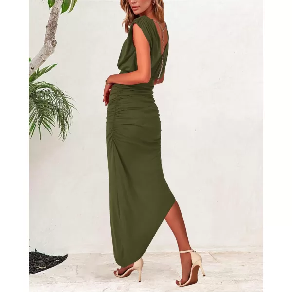 imageBTFBM Women Sleeveless Ruched Bodycon Dress 2023 Summer High Waist Asymmetrical Slit Formal Party Cocktail Maxi DressesSolid Army Green