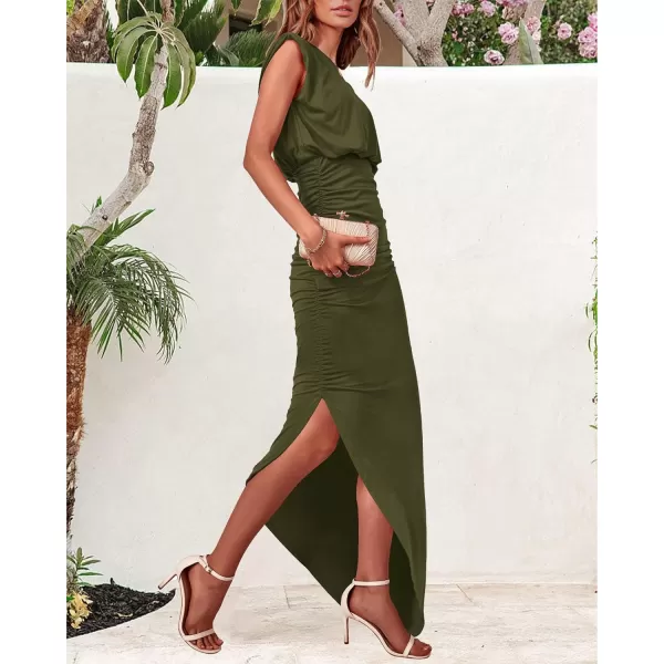 imageBTFBM Women Sleeveless Ruched Bodycon Dress 2023 Summer High Waist Asymmetrical Slit Formal Party Cocktail Maxi DressesSolid Army Green