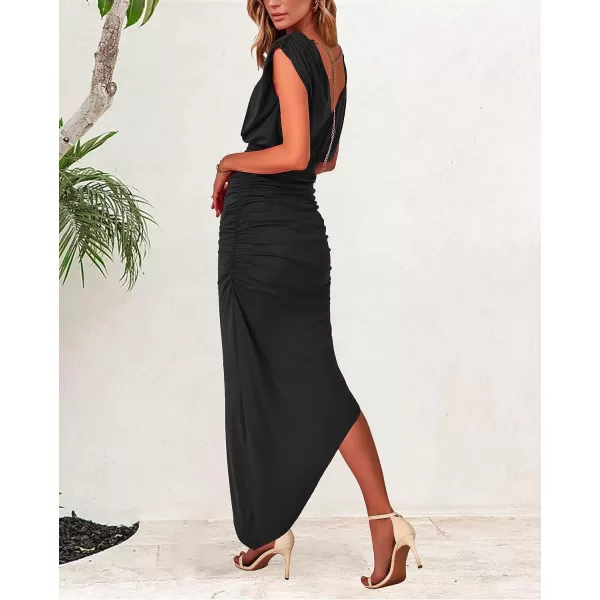 imageBTFBM Women Sleeveless Ruched Bodycon Dress 2023 Summer High Waist Asymmetrical Slit Formal Party Cocktail Maxi DressesSolid Black