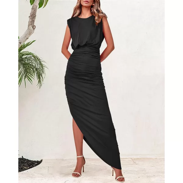 imageBTFBM Women Sleeveless Ruched Bodycon Dress 2023 Summer High Waist Asymmetrical Slit Formal Party Cocktail Maxi DressesSolid Black