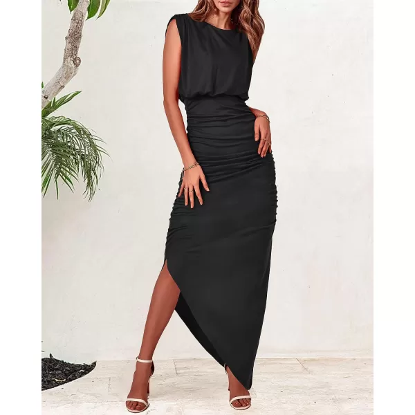 imageBTFBM Women Sleeveless Ruched Bodycon Dress 2023 Summer High Waist Asymmetrical Slit Formal Party Cocktail Maxi DressesSolid Black