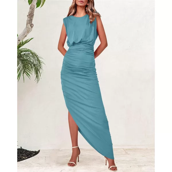imageBTFBM Women Sleeveless Ruched Bodycon Dress 2023 Summer High Waist Asymmetrical Slit Formal Party Cocktail Maxi DressesSolid Blue
