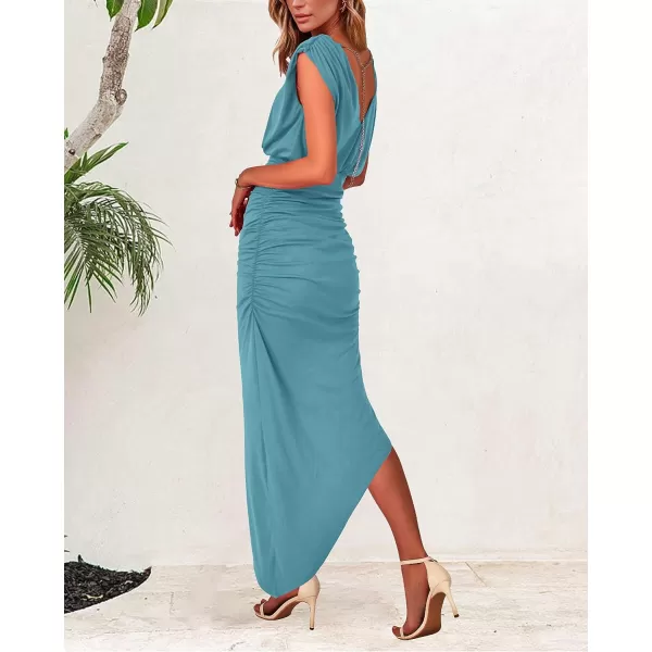 imageBTFBM Women Sleeveless Ruched Bodycon Dress 2023 Summer High Waist Asymmetrical Slit Formal Party Cocktail Maxi DressesSolid Blue