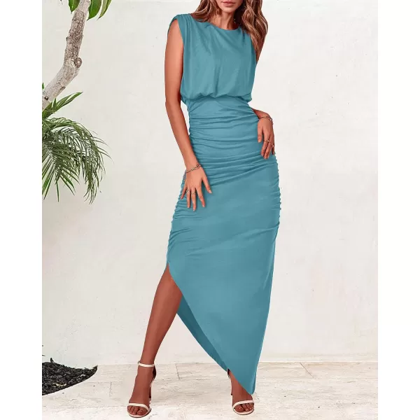 imageBTFBM Women Sleeveless Ruched Bodycon Dress 2023 Summer High Waist Asymmetrical Slit Formal Party Cocktail Maxi DressesSolid Blue