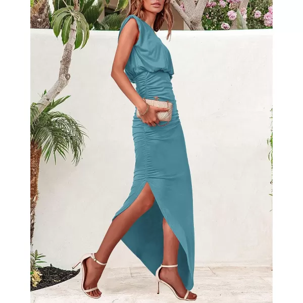imageBTFBM Women Sleeveless Ruched Bodycon Dress 2023 Summer High Waist Asymmetrical Slit Formal Party Cocktail Maxi DressesSolid Blue