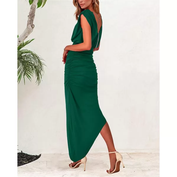 imageBTFBM Women Sleeveless Ruched Bodycon Dress 2023 Summer High Waist Asymmetrical Slit Formal Party Cocktail Maxi DressesSolid Dark Green