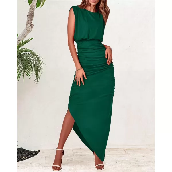 imageBTFBM Women Sleeveless Ruched Bodycon Dress 2023 Summer High Waist Asymmetrical Slit Formal Party Cocktail Maxi DressesSolid Dark Green