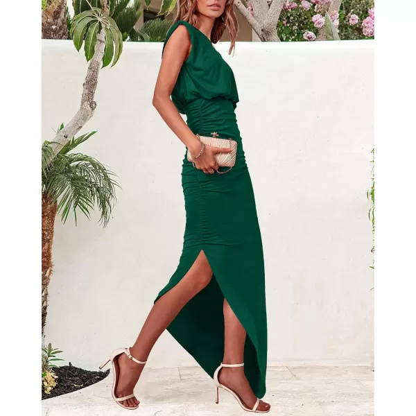 imageBTFBM Women Sleeveless Ruched Bodycon Dress 2023 Summer High Waist Asymmetrical Slit Formal Party Cocktail Maxi DressesSolid Dark Green