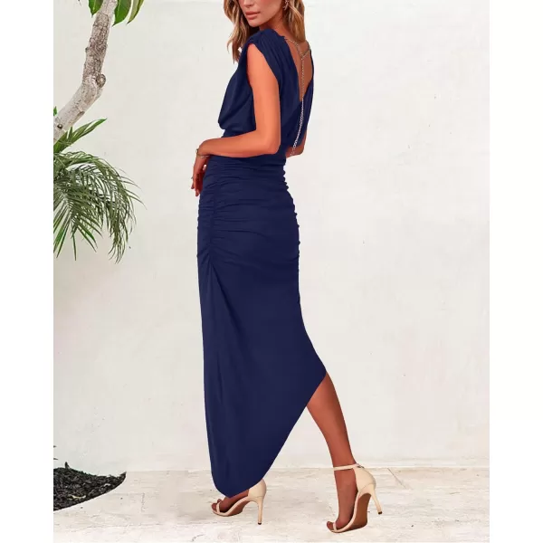 imageBTFBM Women Sleeveless Ruched Bodycon Dress 2023 Summer High Waist Asymmetrical Slit Formal Party Cocktail Maxi DressesSolid Navy