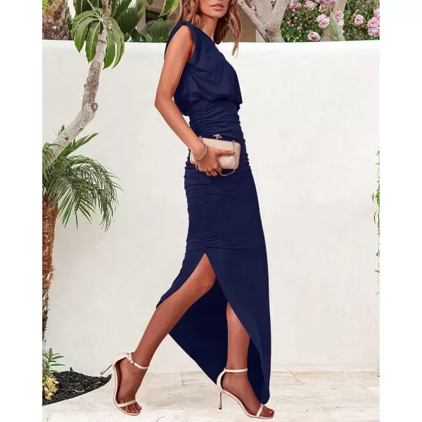 imageBTFBM Women Sleeveless Ruched Bodycon Dress 2023 Summer High Waist Asymmetrical Slit Formal Party Cocktail Maxi DressesSolid Navy